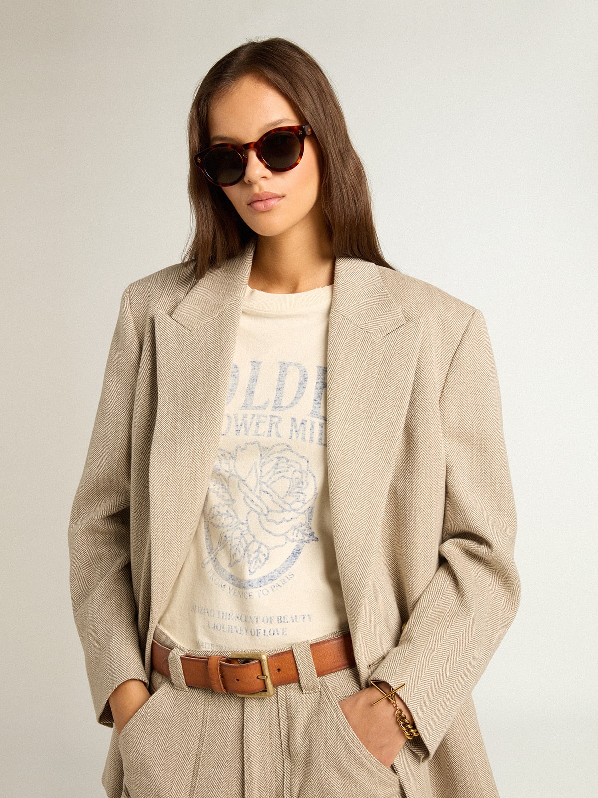 Women’s T-shirt in aged white cotton with seasonal print