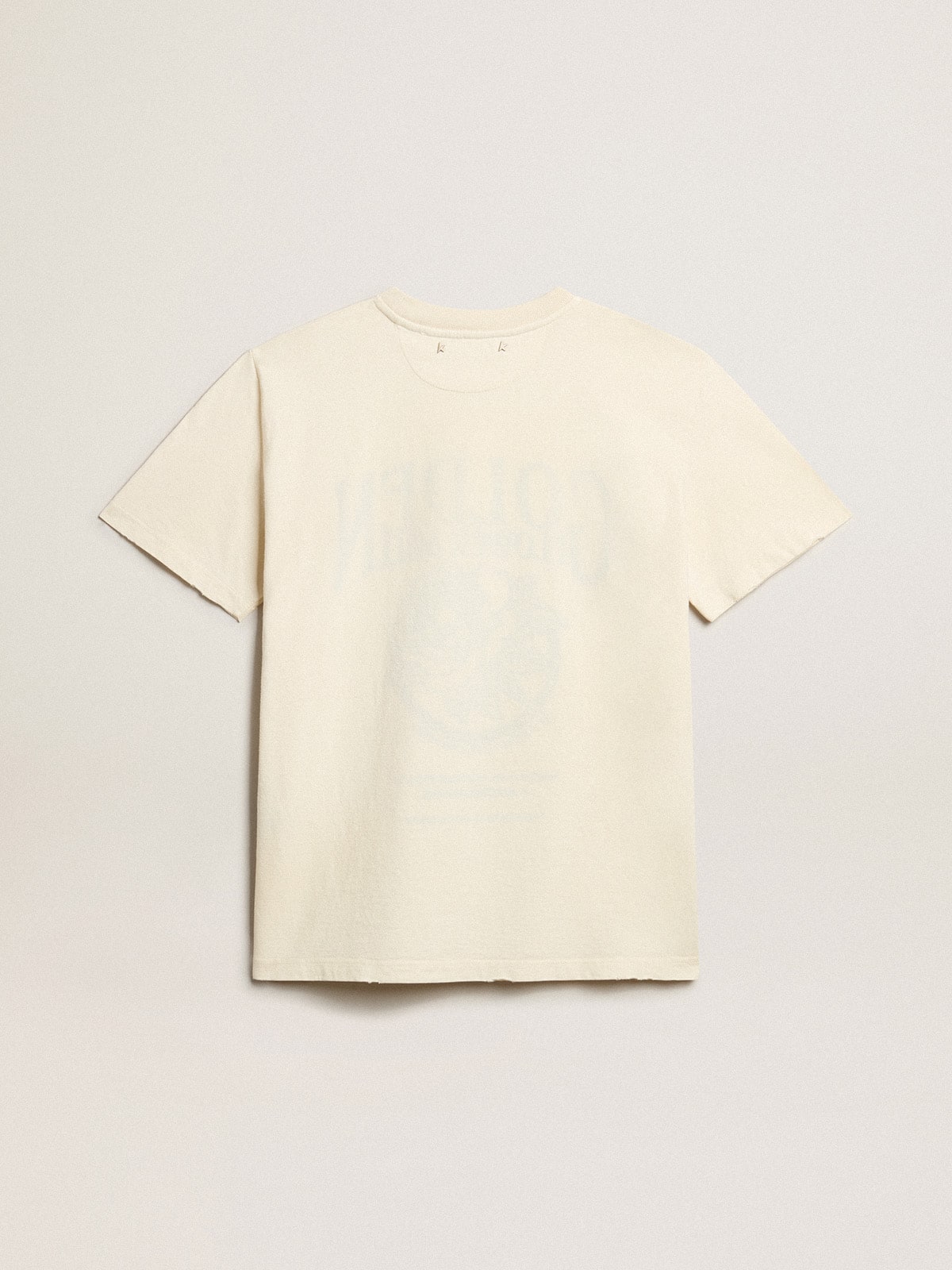 Women’s T-shirt in aged white cotton with seasonal print