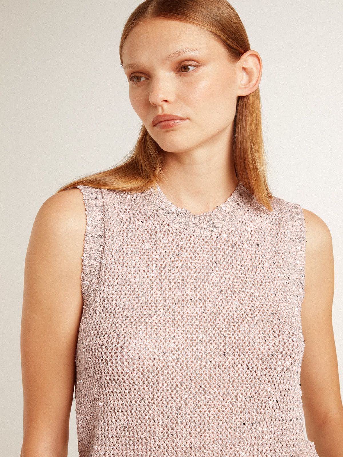 Mesh knit top with sequins and contrasting details