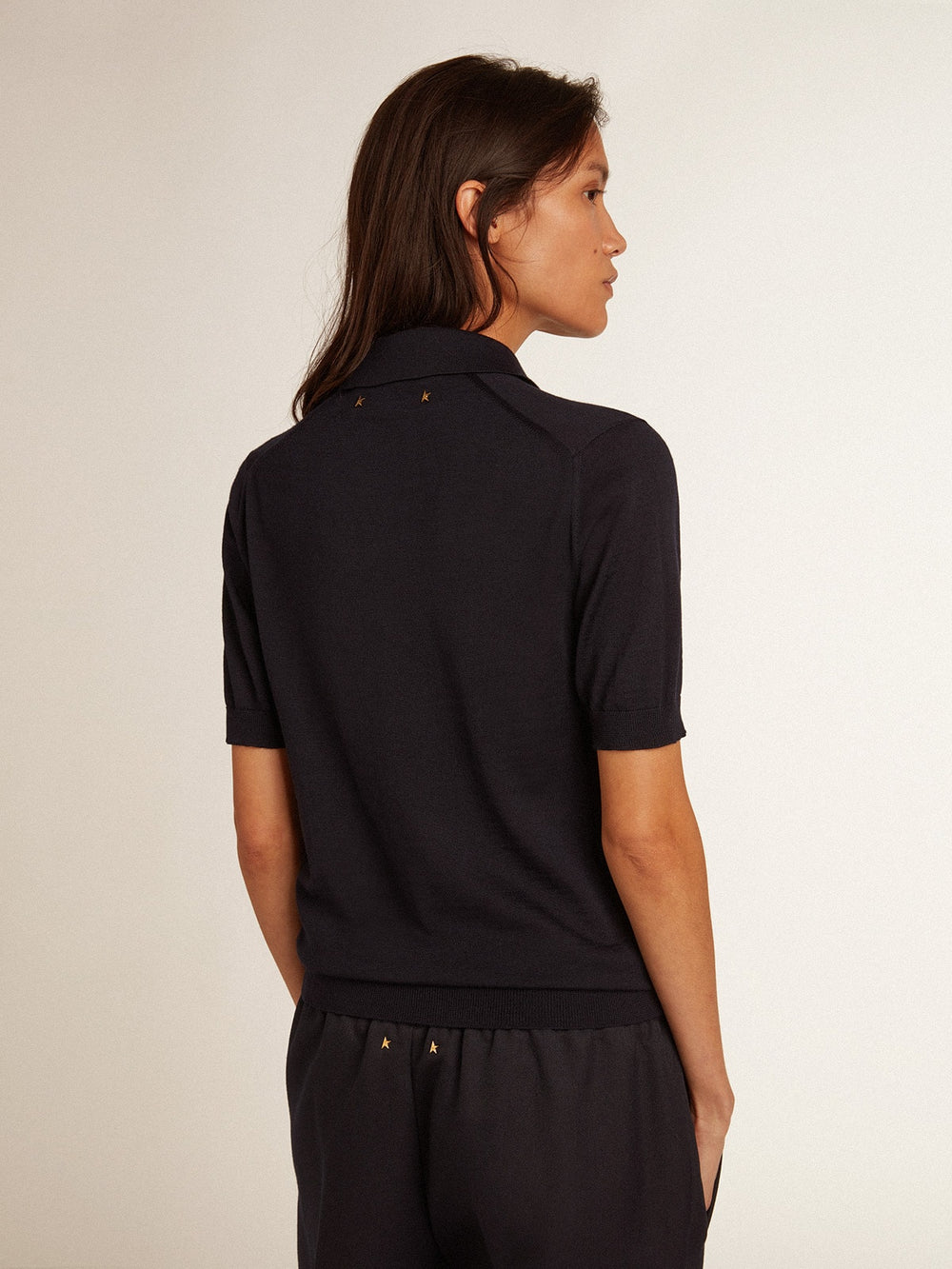 Women’s polo shirt in navy-blue merino wool