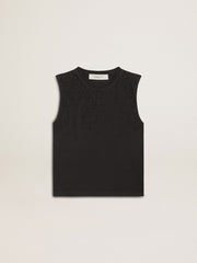 Sleeveless T-shirt in worn-black with tone-on-tone gradient embroidery