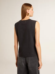 Sleeveless T-shirt in worn-black with tone-on-tone gradient embroidery