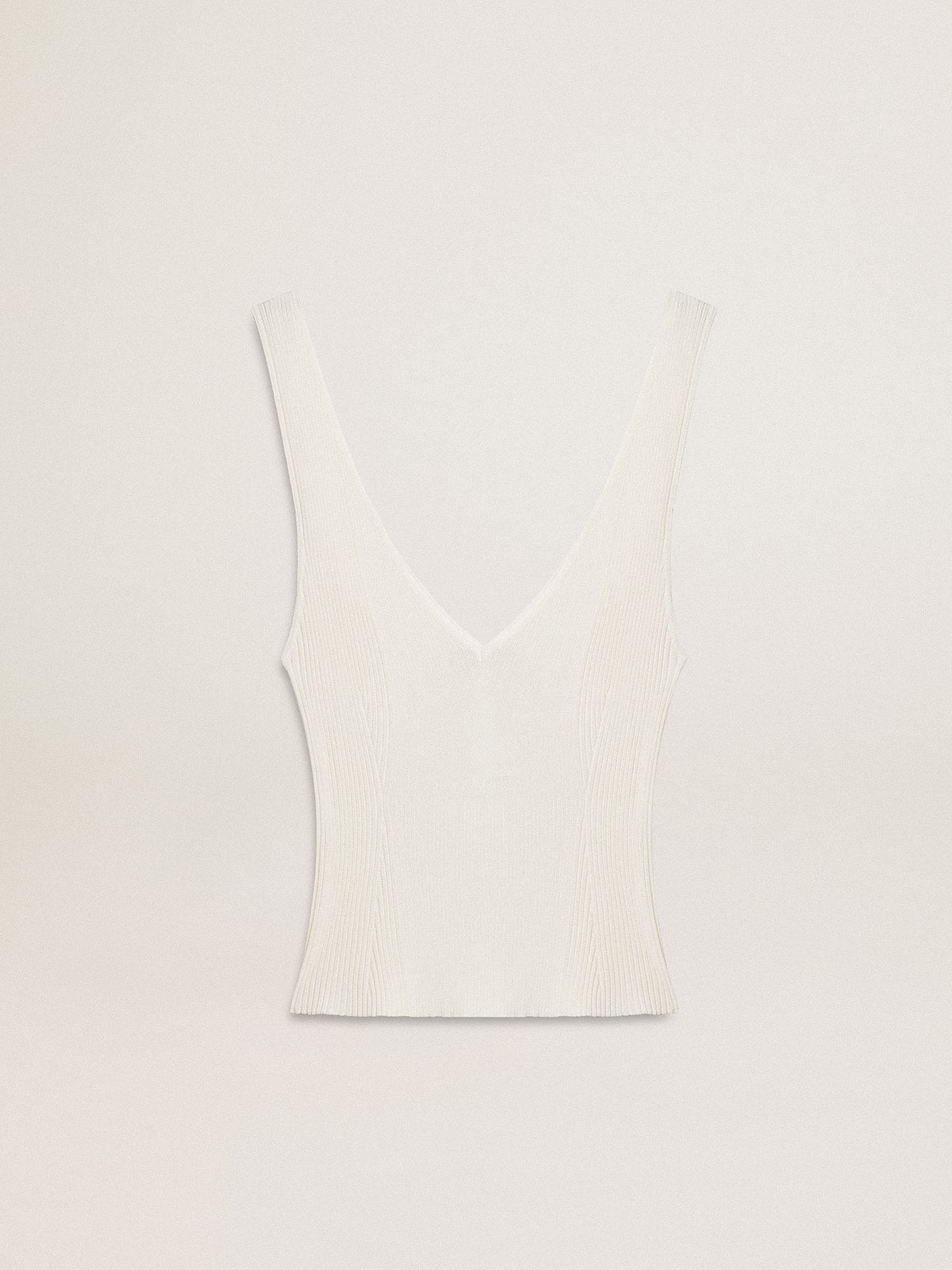 Sleeveless top embroidered with worn-white ribbing