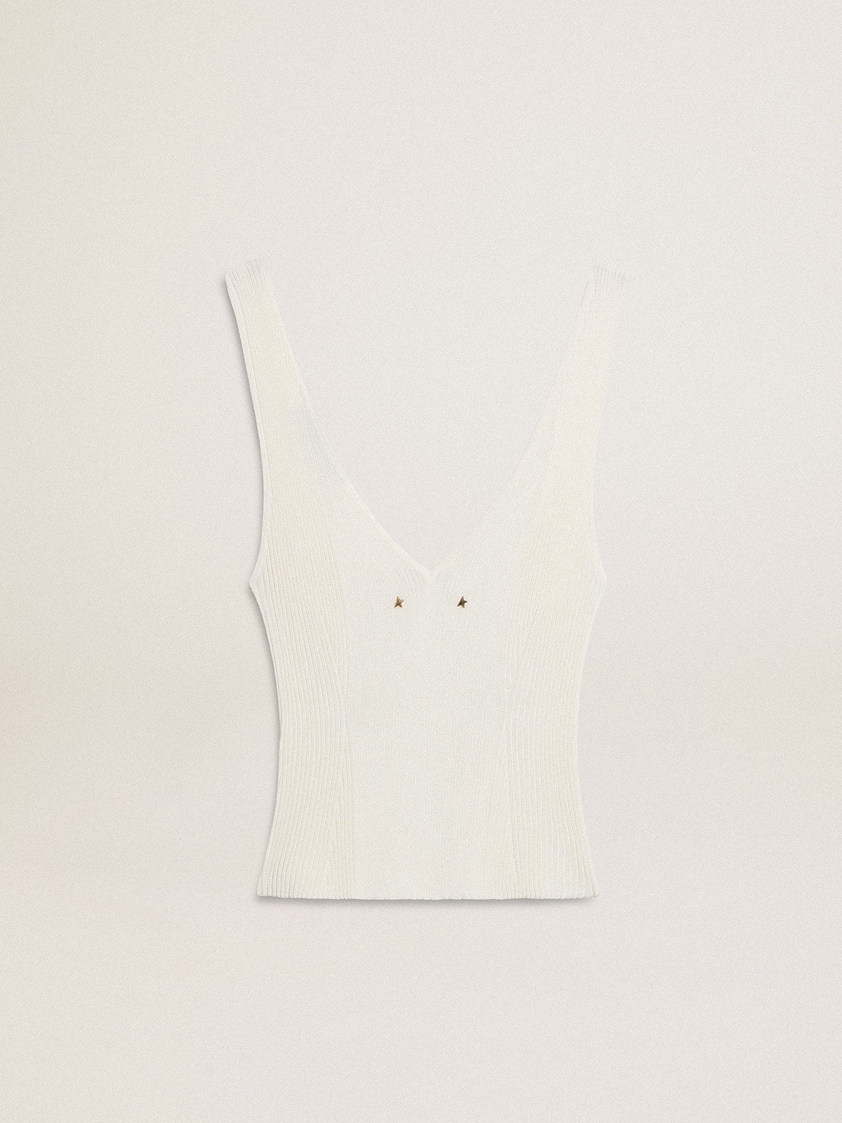 Sleeveless top embroidered with worn-white ribbing