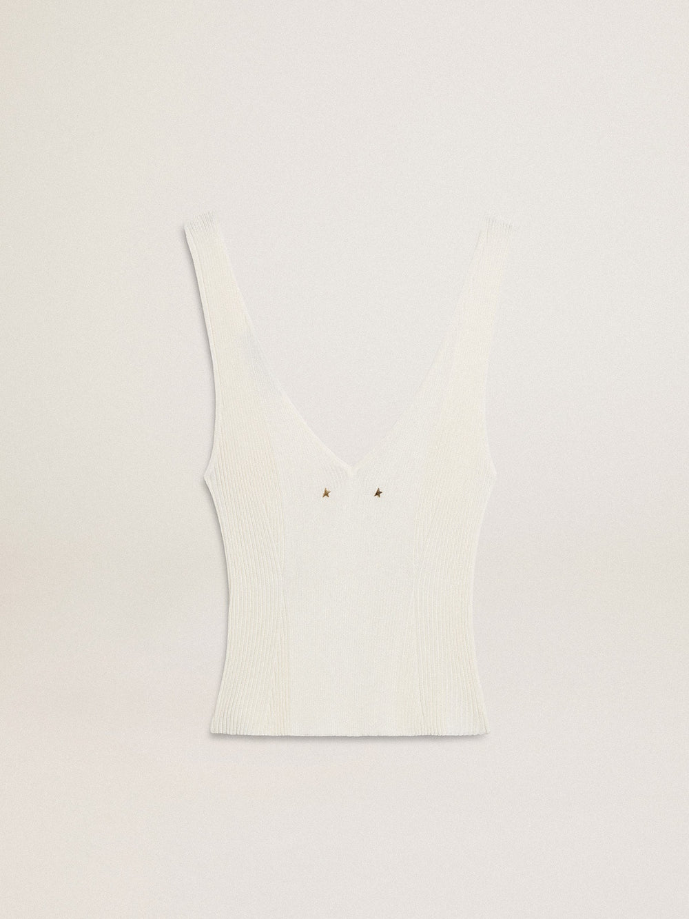 Sleeveless top embroidered with worn-white ribbing