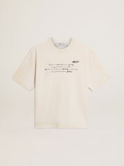 Worn-white unisex T-shirt with printed lettering