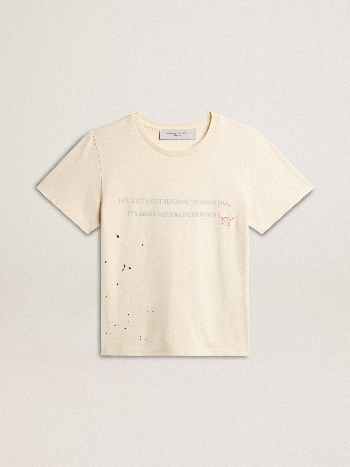 Women's aged white cotton T-shirt with print and embroidery