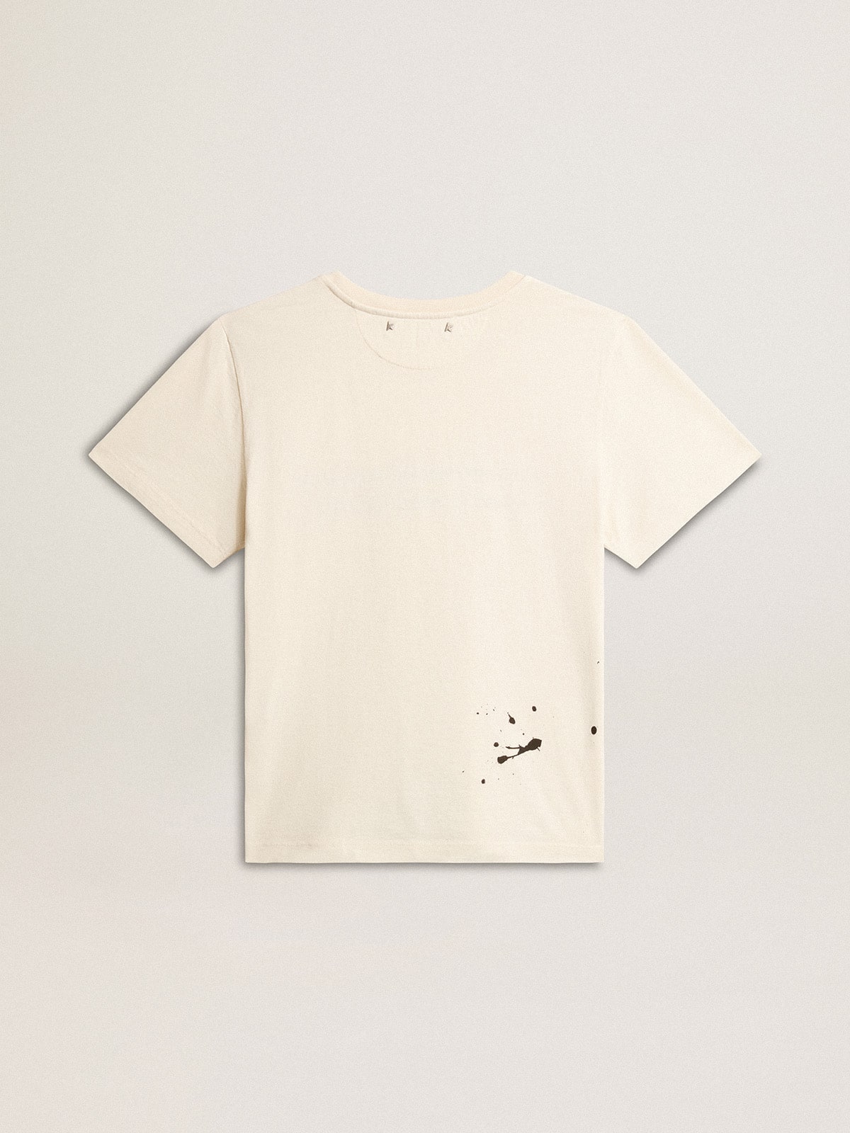 Women's aged white cotton T-shirt with print and embroidery