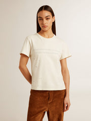 Women's aged white cotton T-shirt with print and embroidery