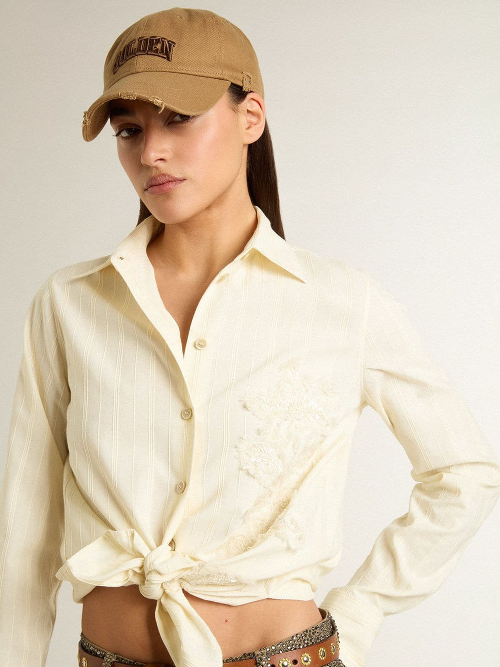 Women's cream-colored cotton shirt with floral embroidery