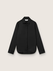 Women's shirt in black wool twill with floral embroidery in glass beads