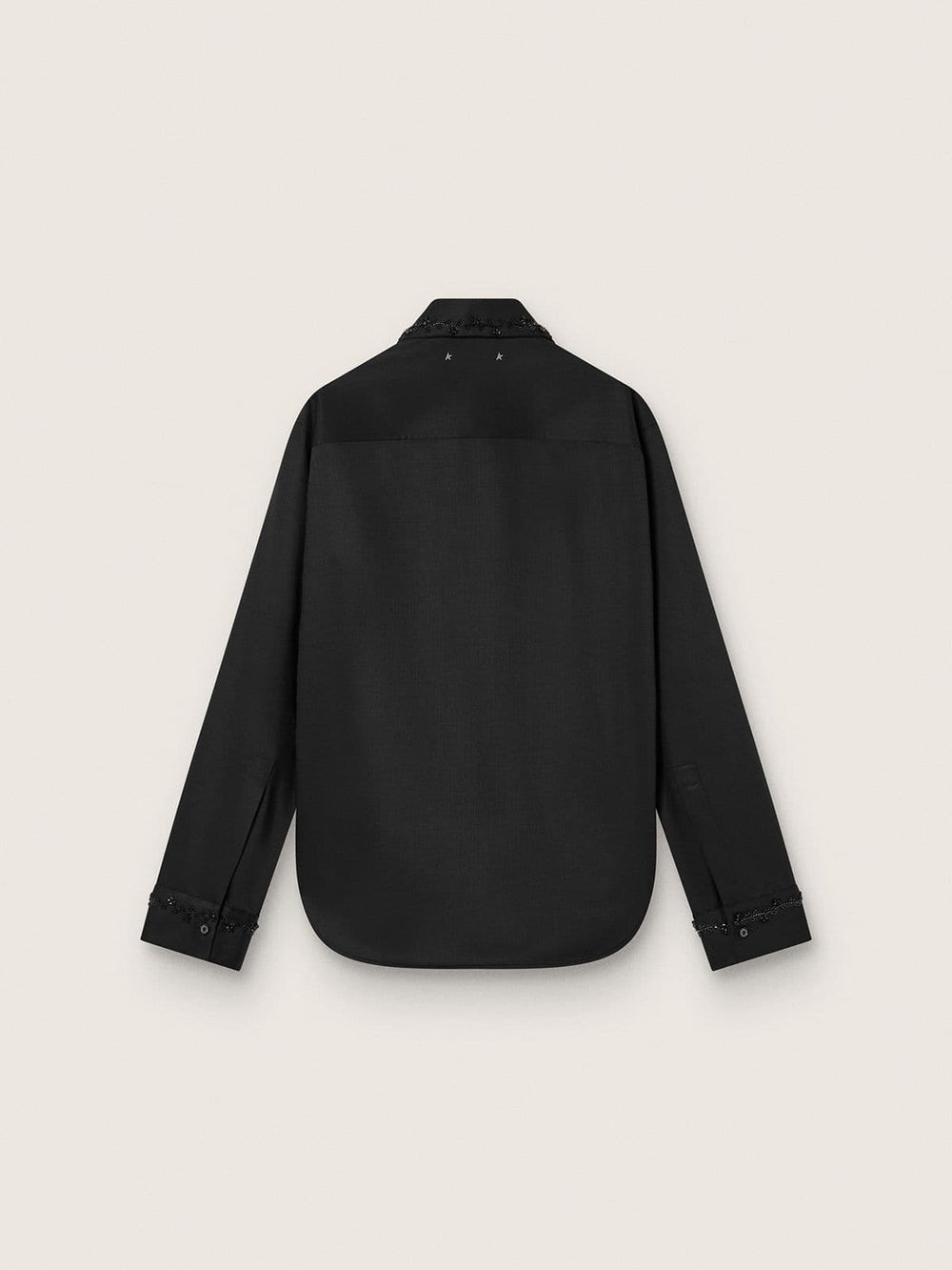 Women's shirt in black wool twill with floral embroidery in glass beads