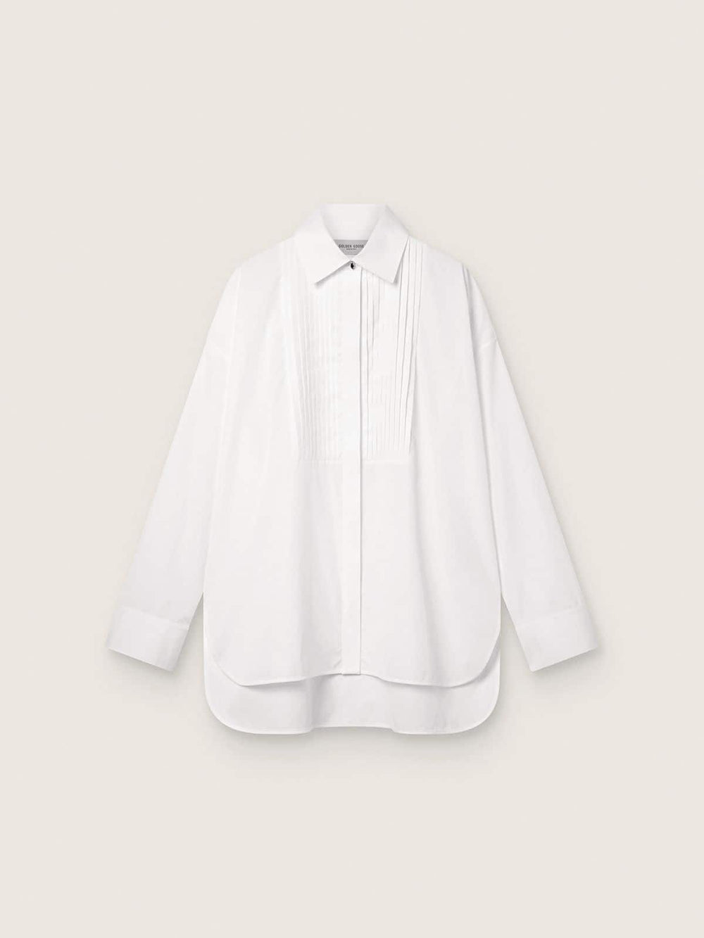 Women's oversized shirt in white cotton with pleated detail and jewel buttons