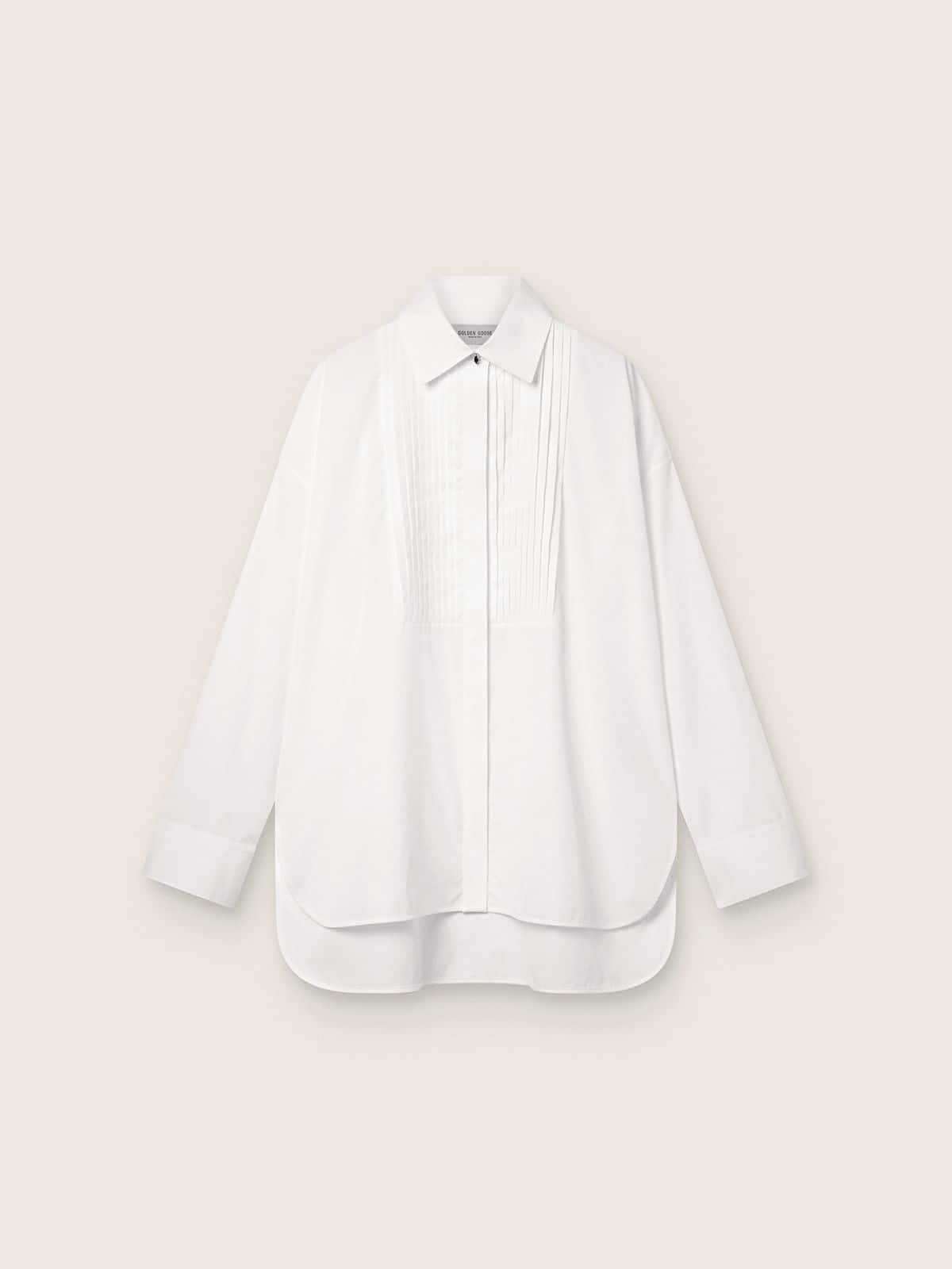 Women's oversized shirt in white cotton with pleated detail and jewel buttons