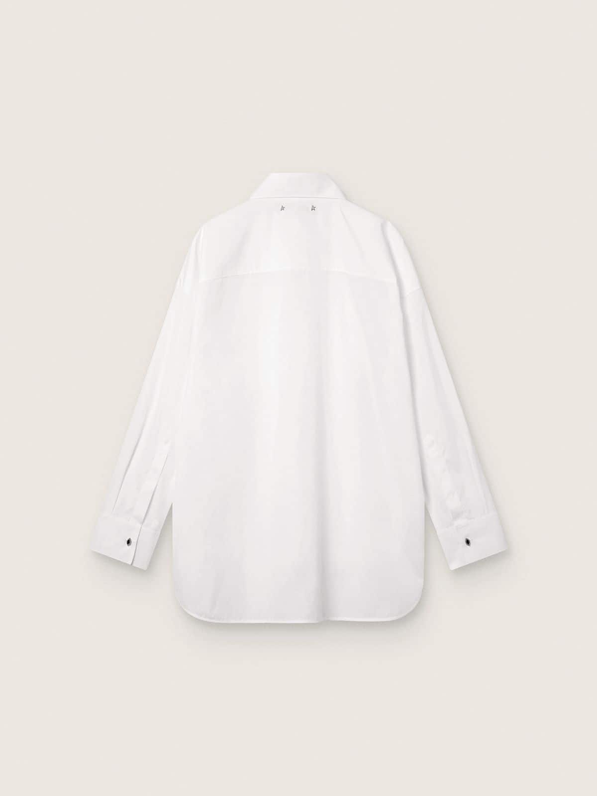 Women's oversized shirt in white cotton with pleated detail and jewel buttons