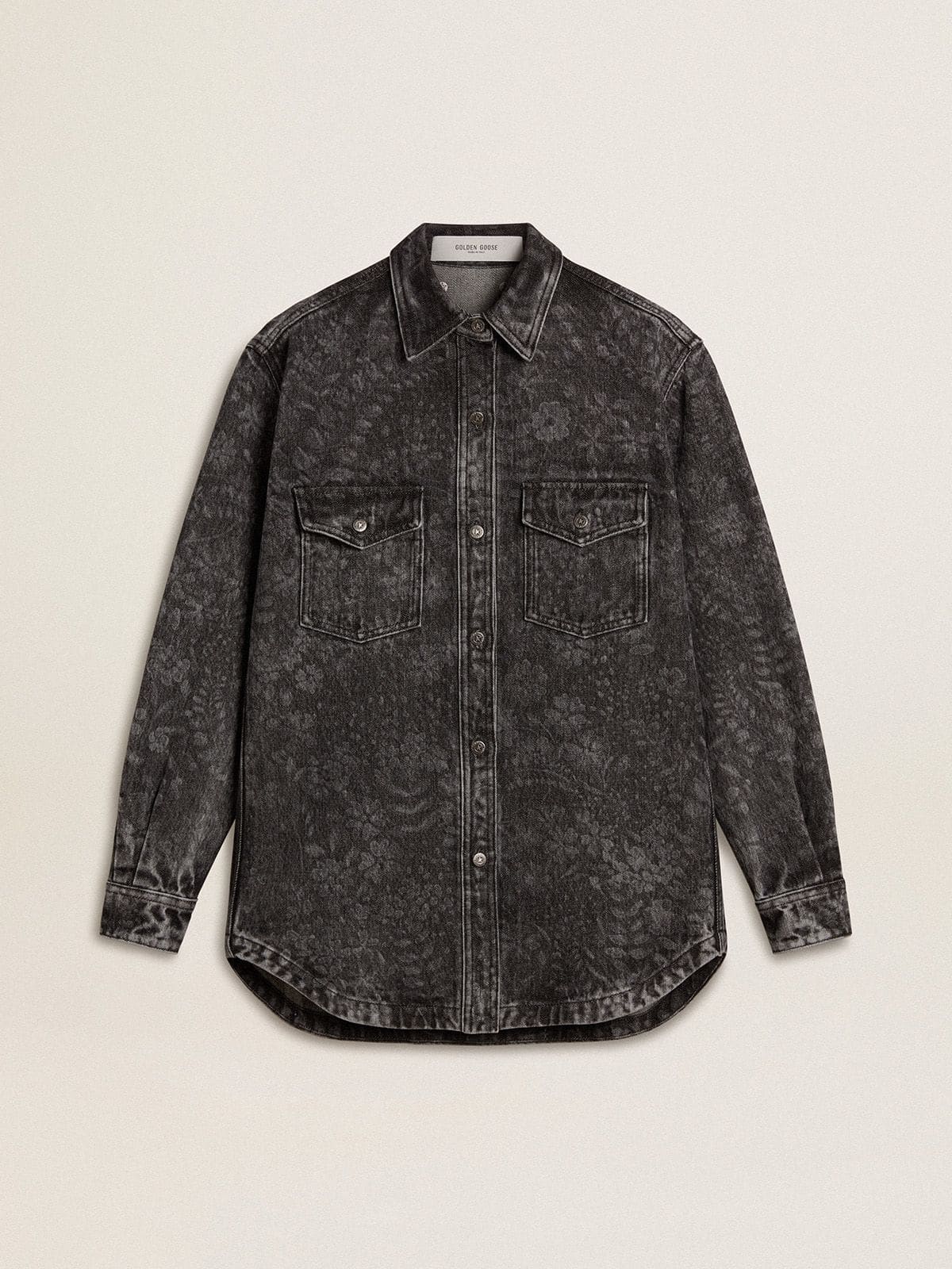 Women's black denim shirt with ton sur ton floral pattern