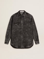 Women's black denim shirt with ton sur ton floral pattern