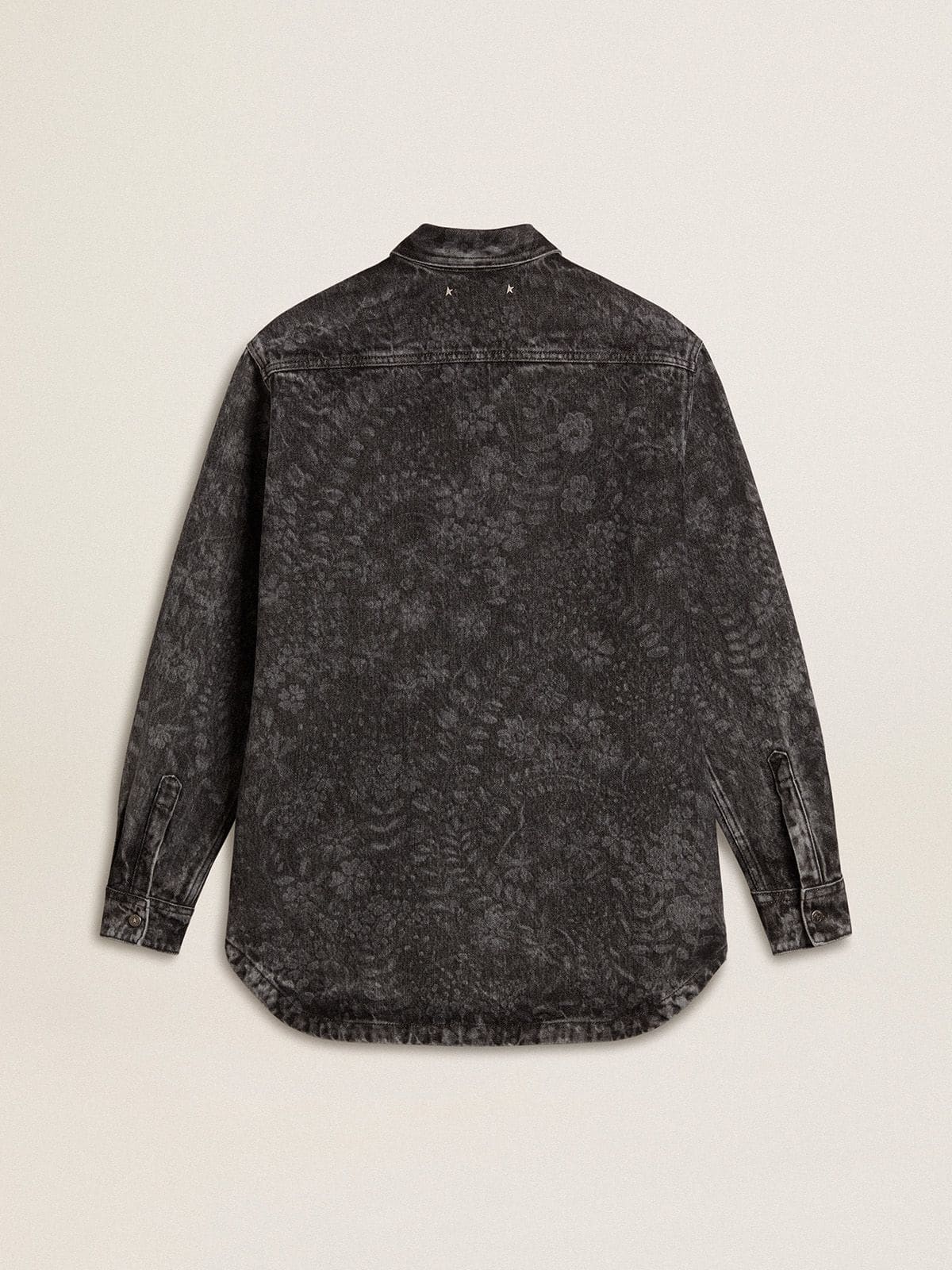 Women's black denim shirt with ton sur ton floral pattern