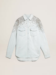 Women's bleached boyfriend shirt with cabochon crystals