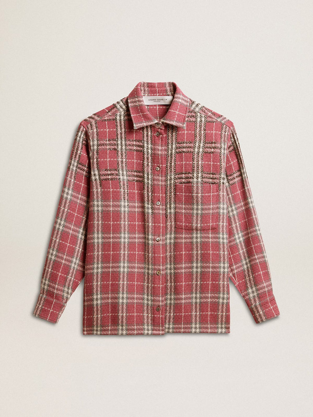sand and gray check embroidery Women's shirt with pink