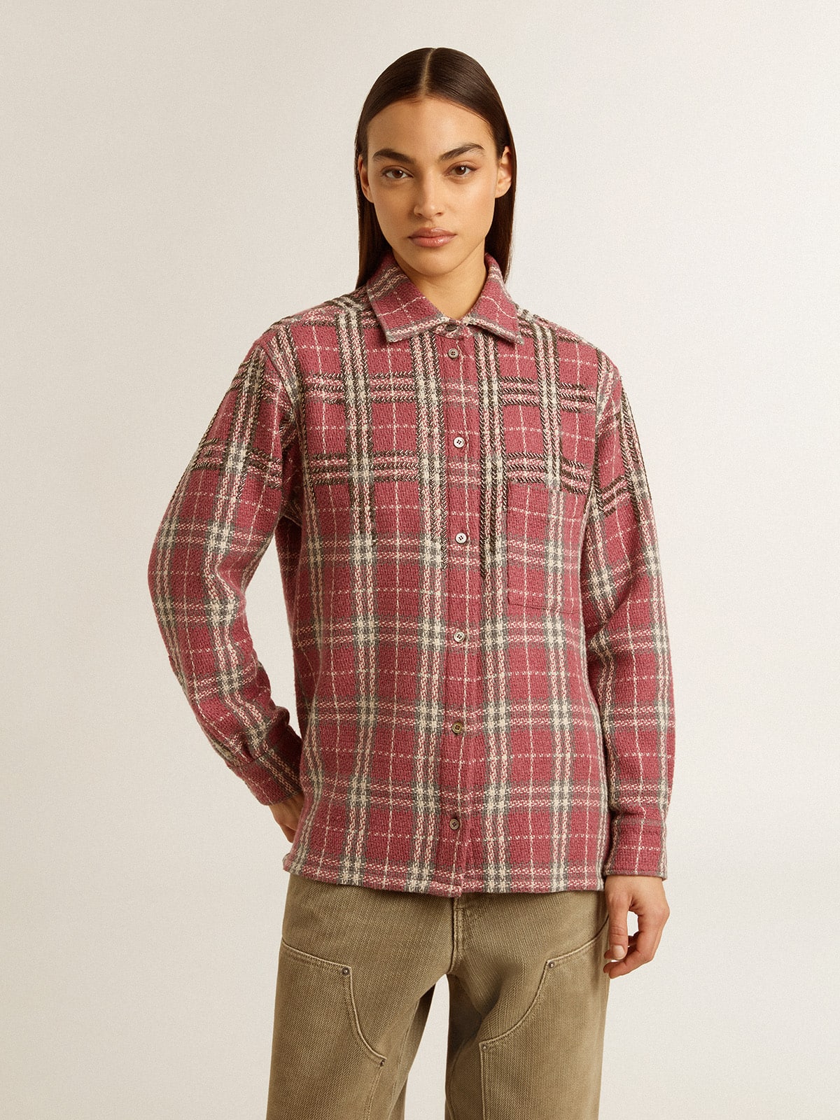 sand and gray check embroidery Women's shirt with pink