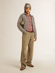 sand and gray check embroidery Women's shirt with pink