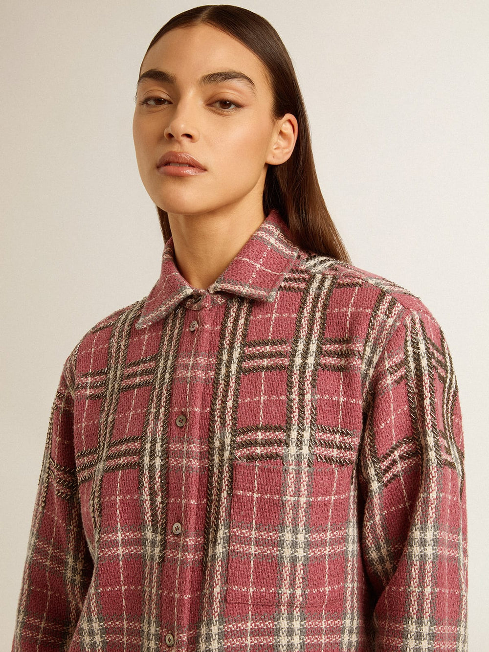 sand and gray check embroidery Women's shirt with pink