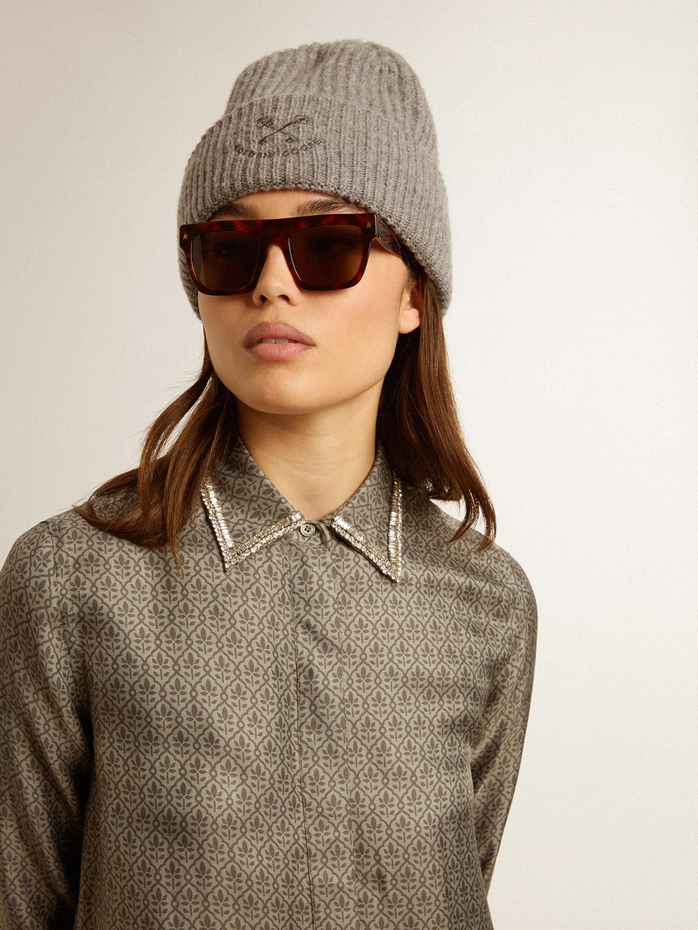 Women's green viscose-blend silk shirt with floral pattern