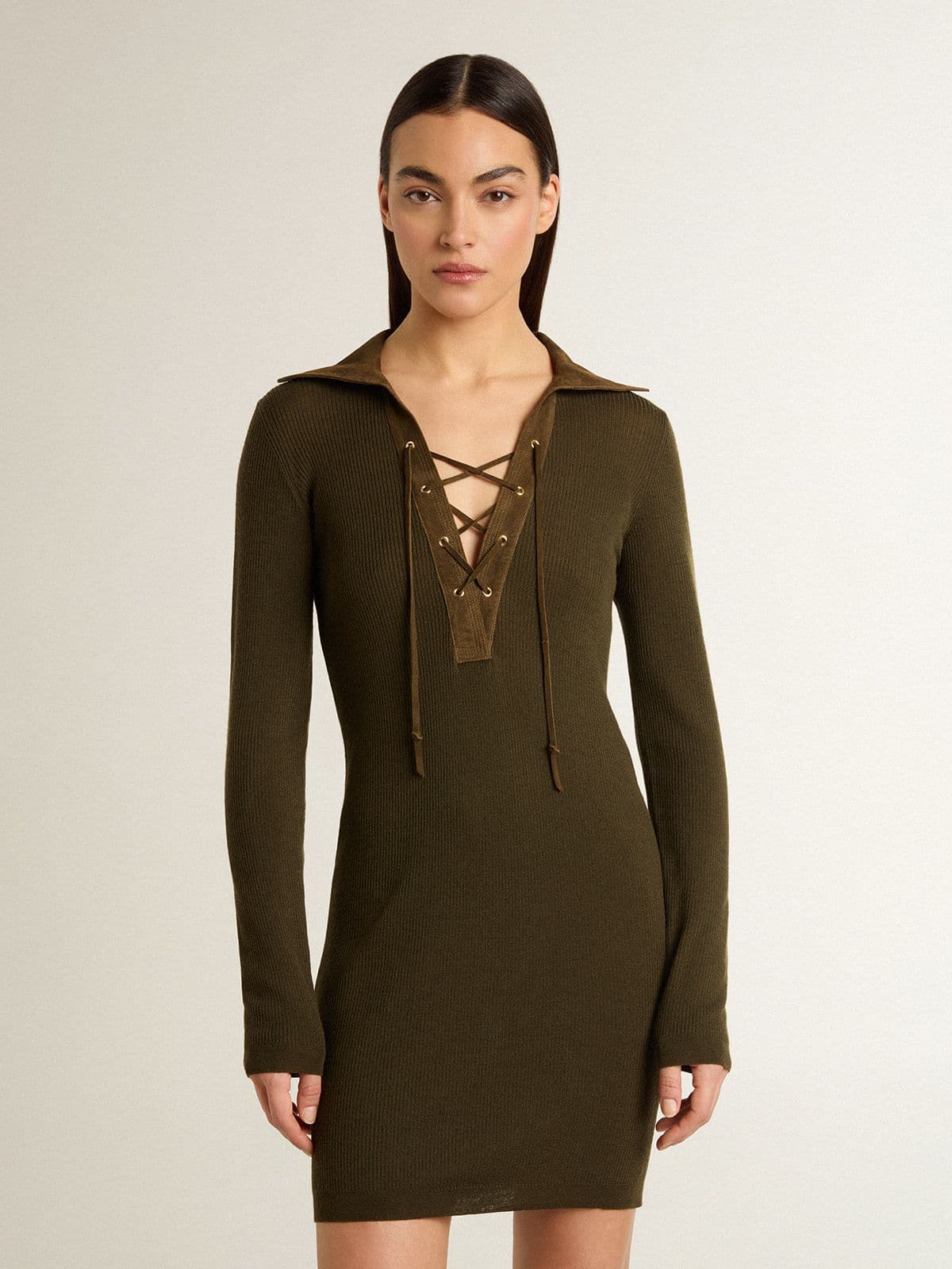 Military green wool mini dress with leather details