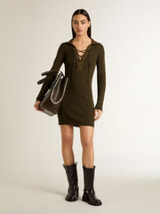 Military green wool mini dress with leather details