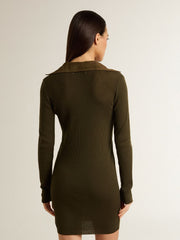 Military green wool mini dress with leather details