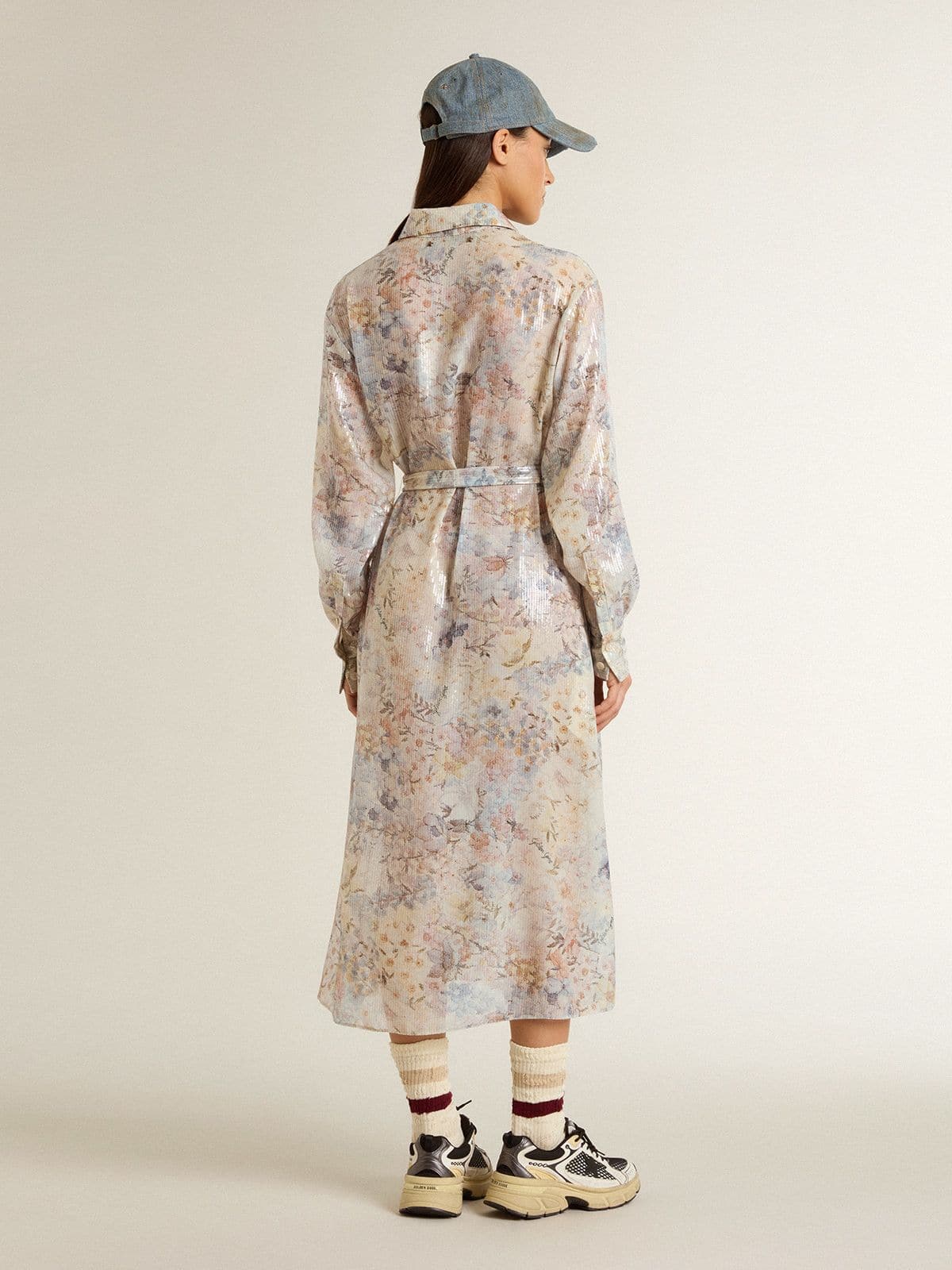 Women's shirt dress with multicolor sequined floral print