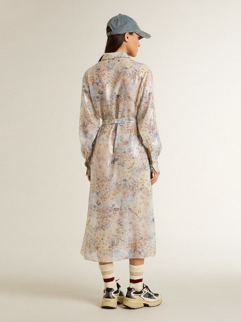 Women's shirt dress with multicolor sequined floral print