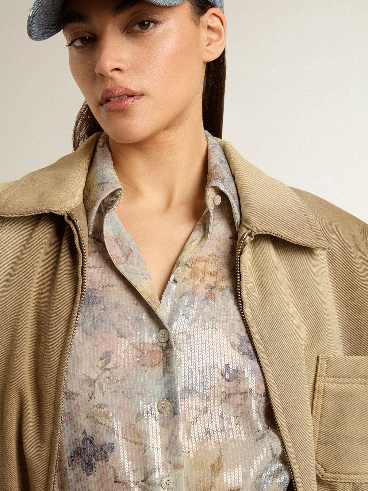 Women's shirt dress with multicolor sequined floral print