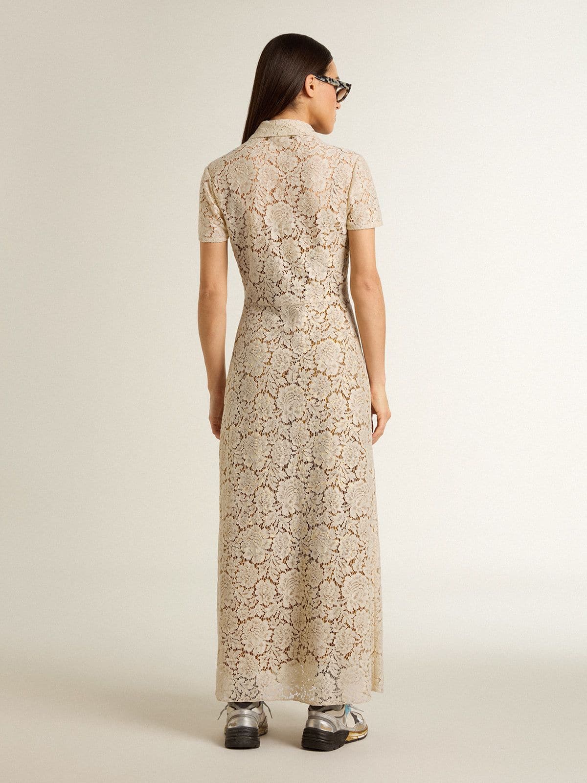 Women's midi dress in cream-colored see-through lace