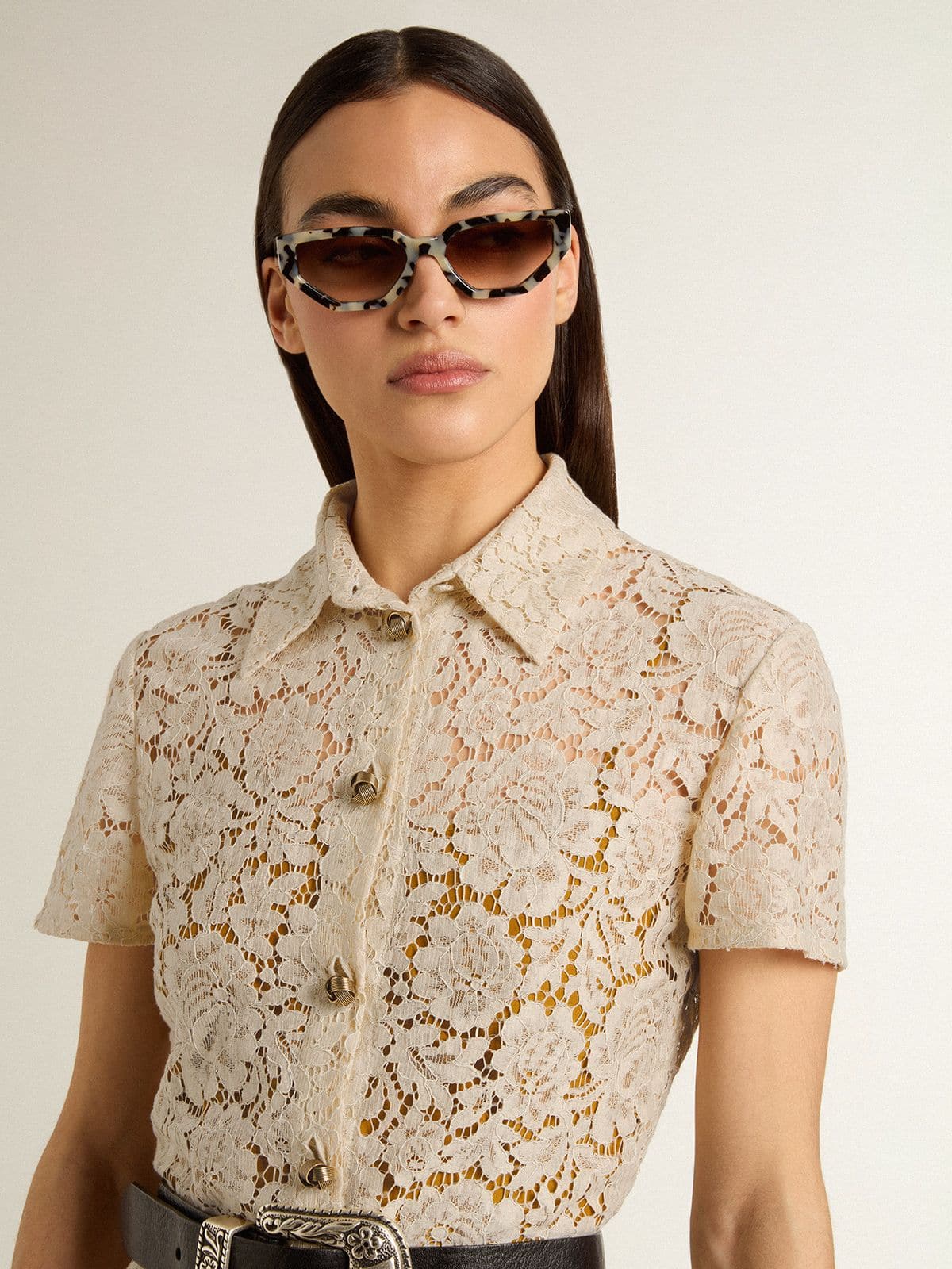 Women's midi dress in cream-colored see-through lace