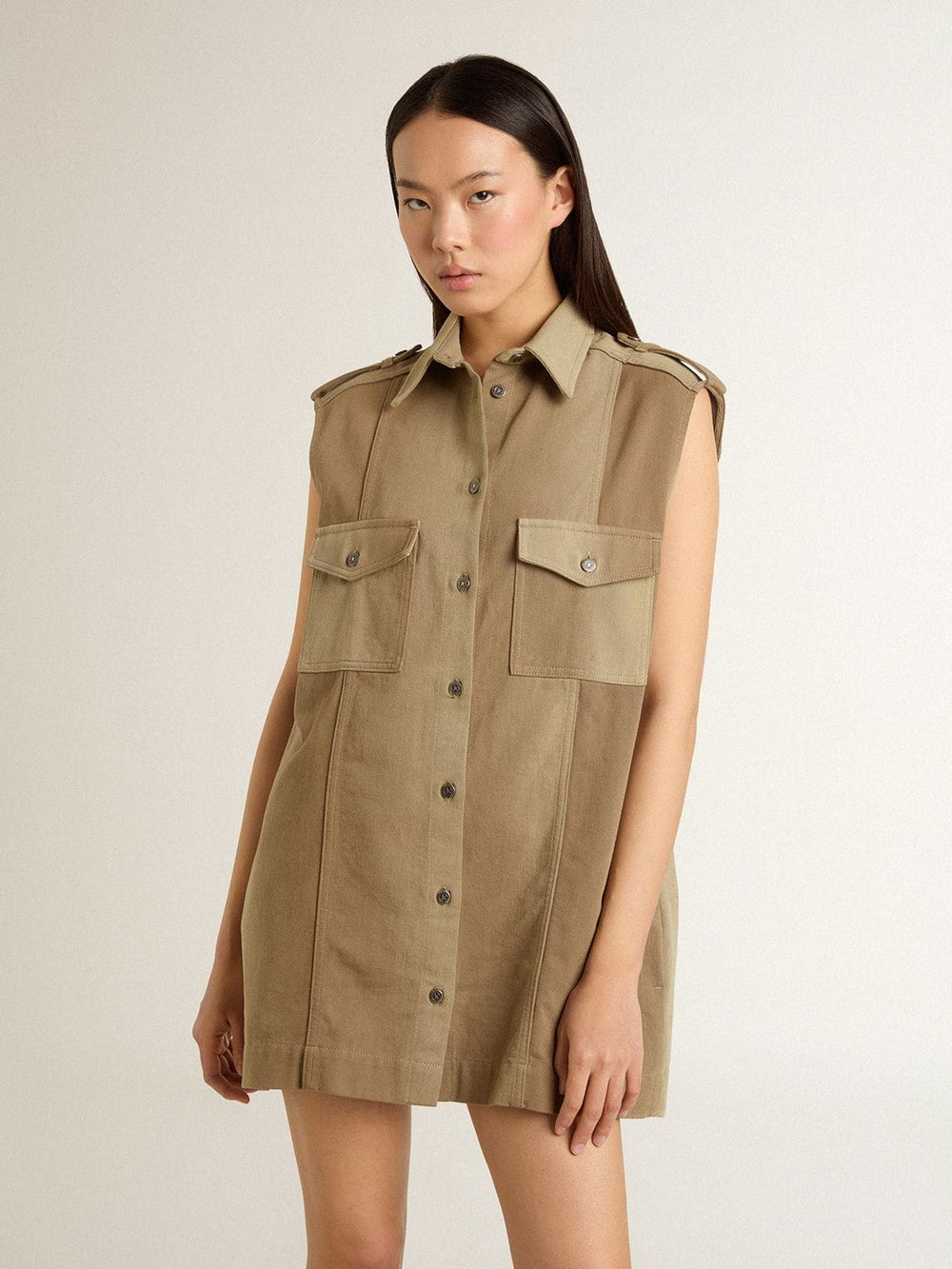 Women's shirt dress in sand-colored denim with military details