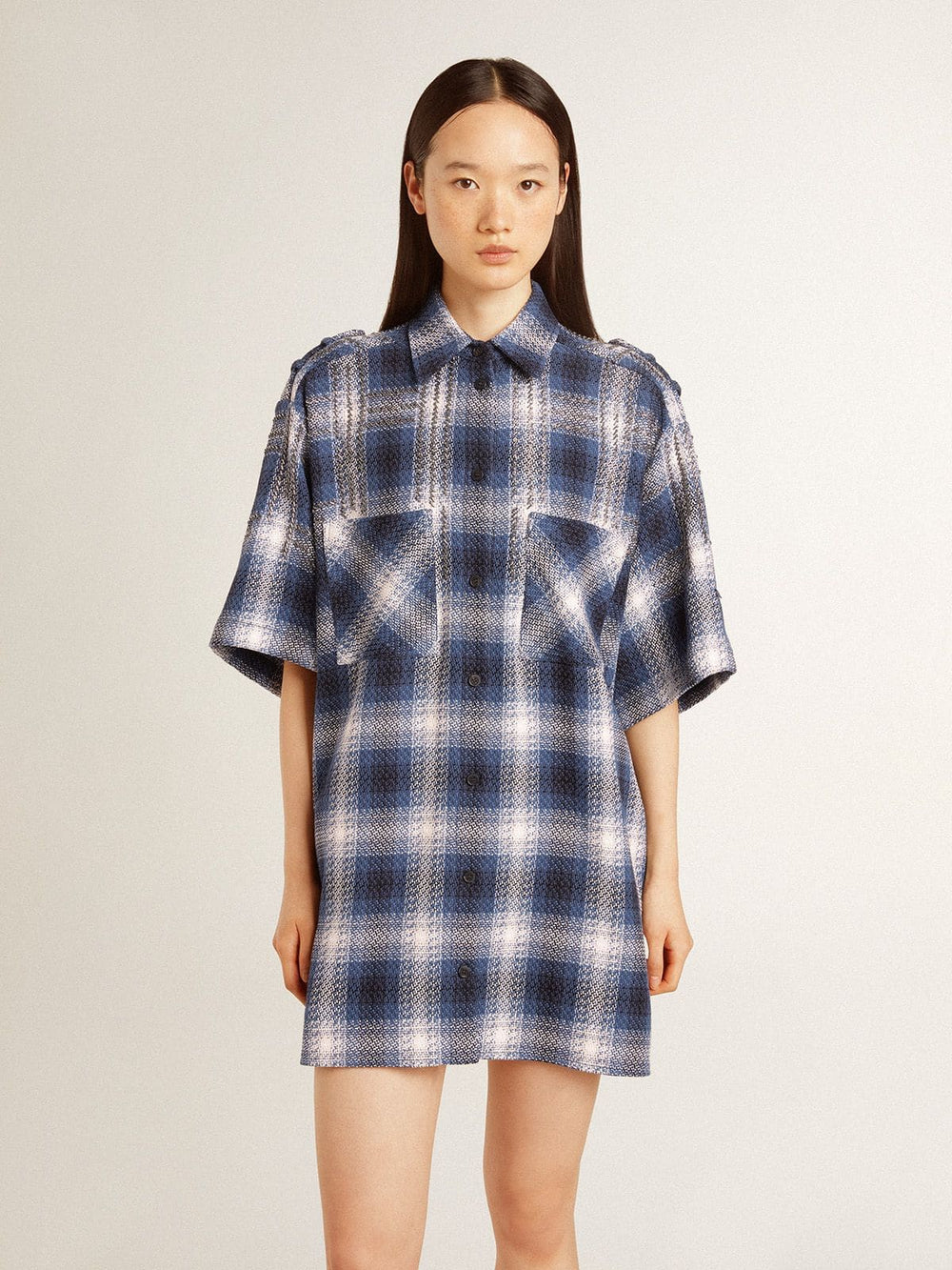 Women's short shirt dress with 3D checkerboard pattern and embroidery