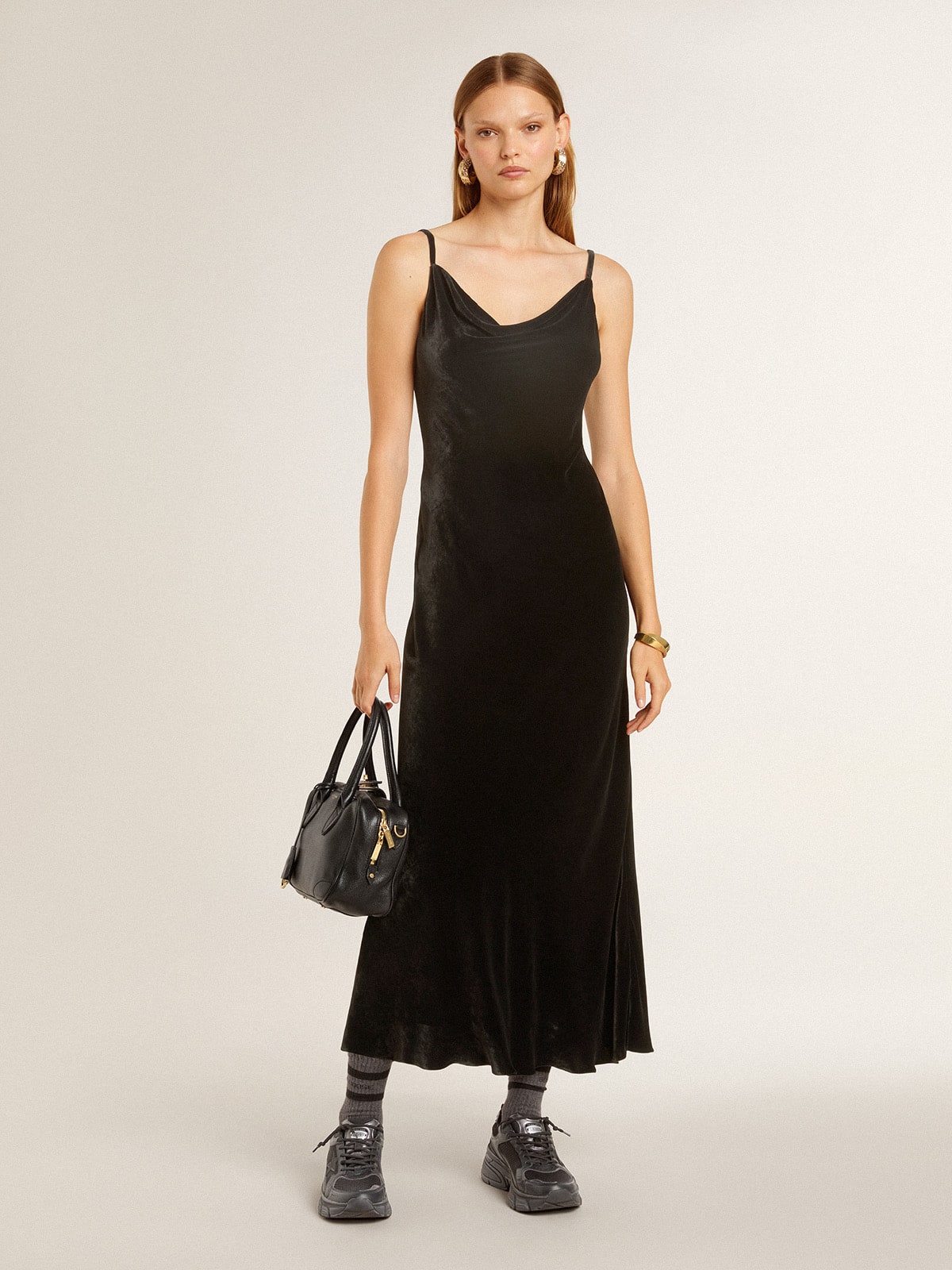 Women's black velvet-effect slip dress