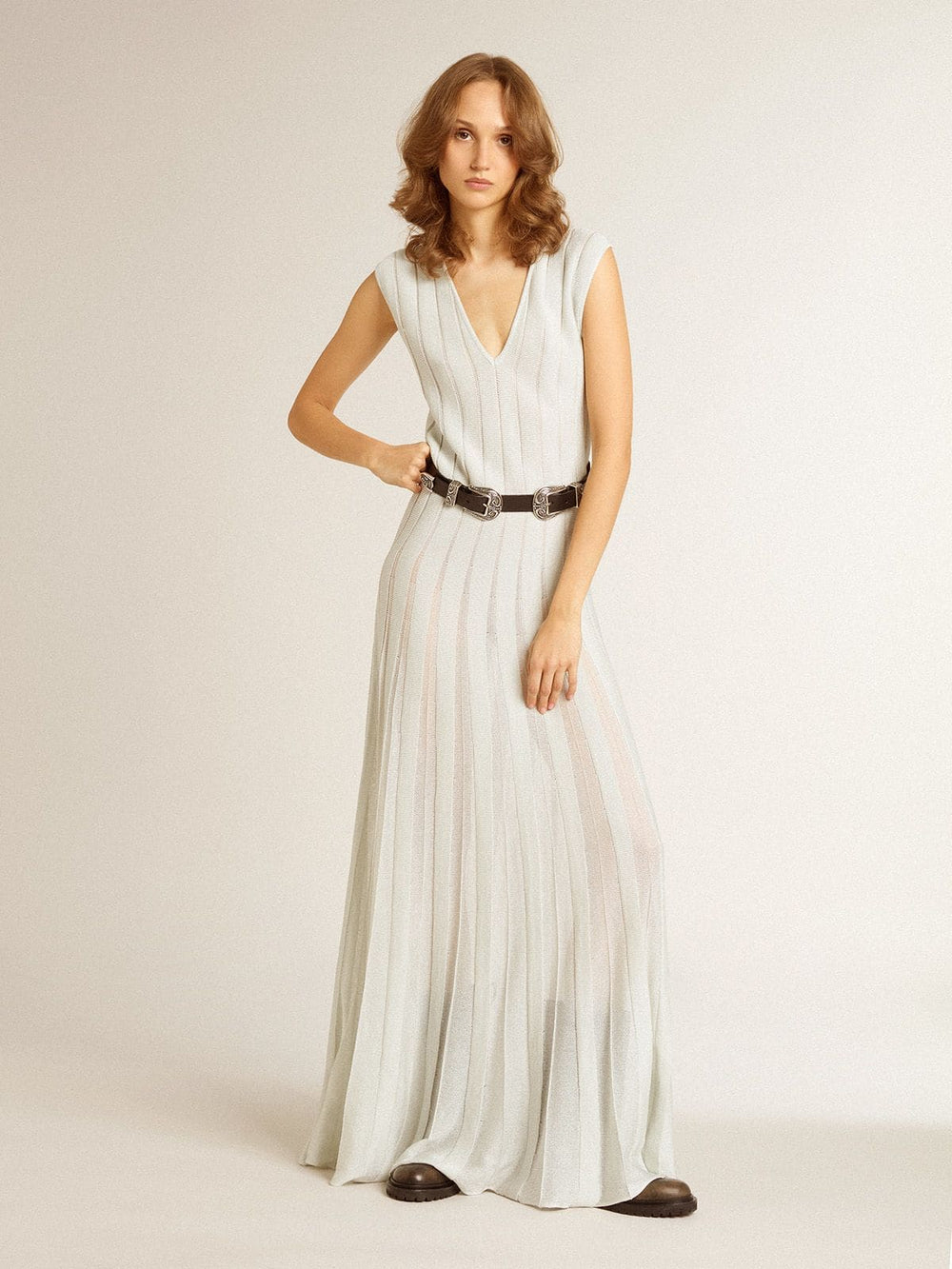 Women’s baby blue dress with vertical striped pattern