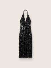Women's long dress in tulle with floral embroidery in black sequins