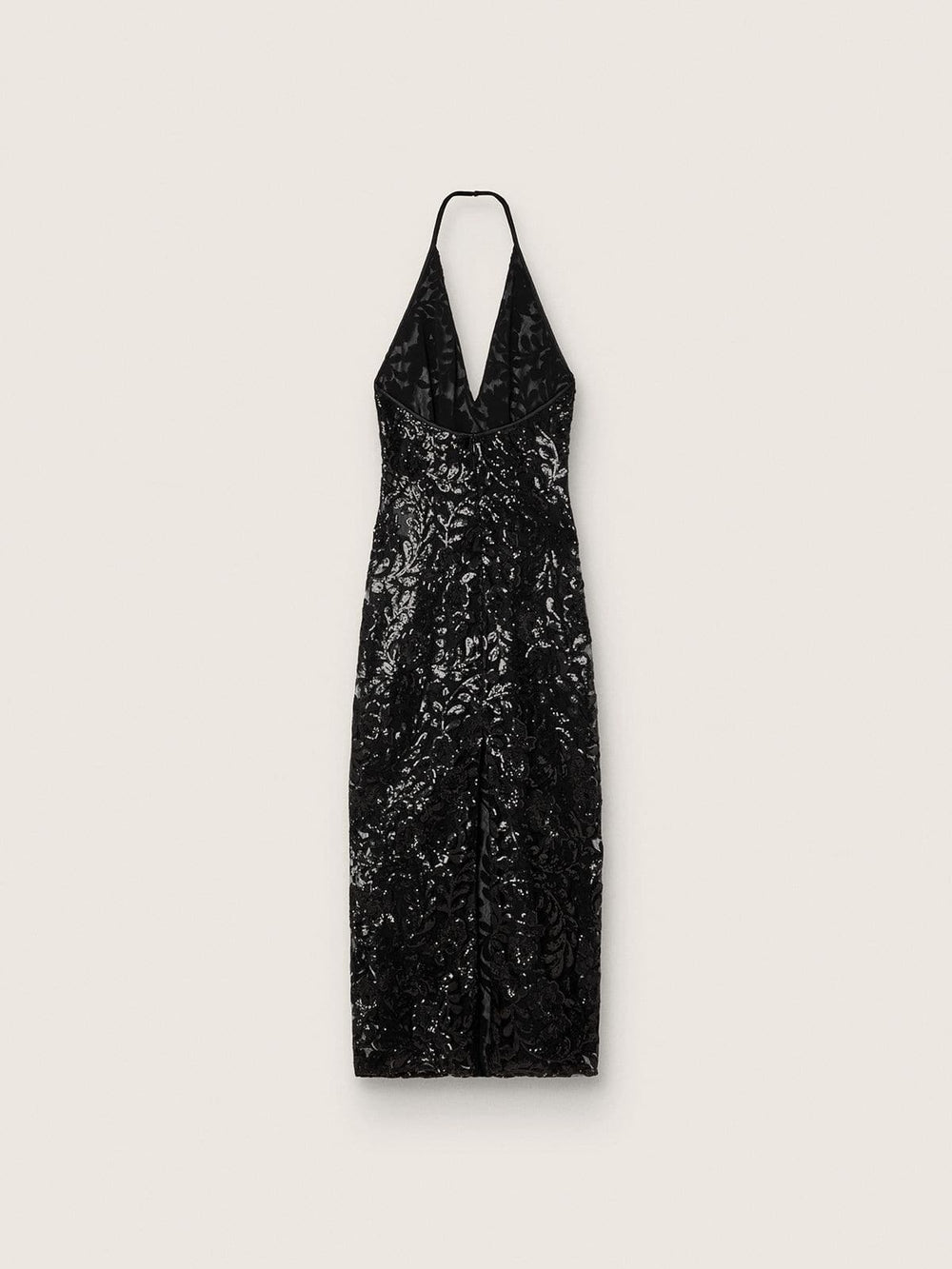 Women's long dress in tulle with floral embroidery in black sequins