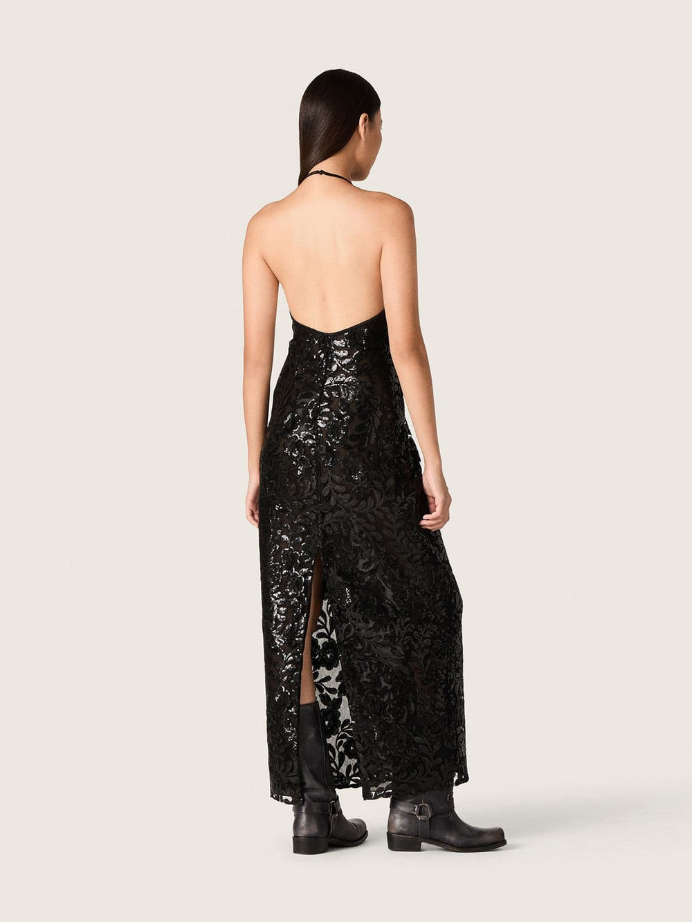 Women's long dress in tulle with floral embroidery in black sequins