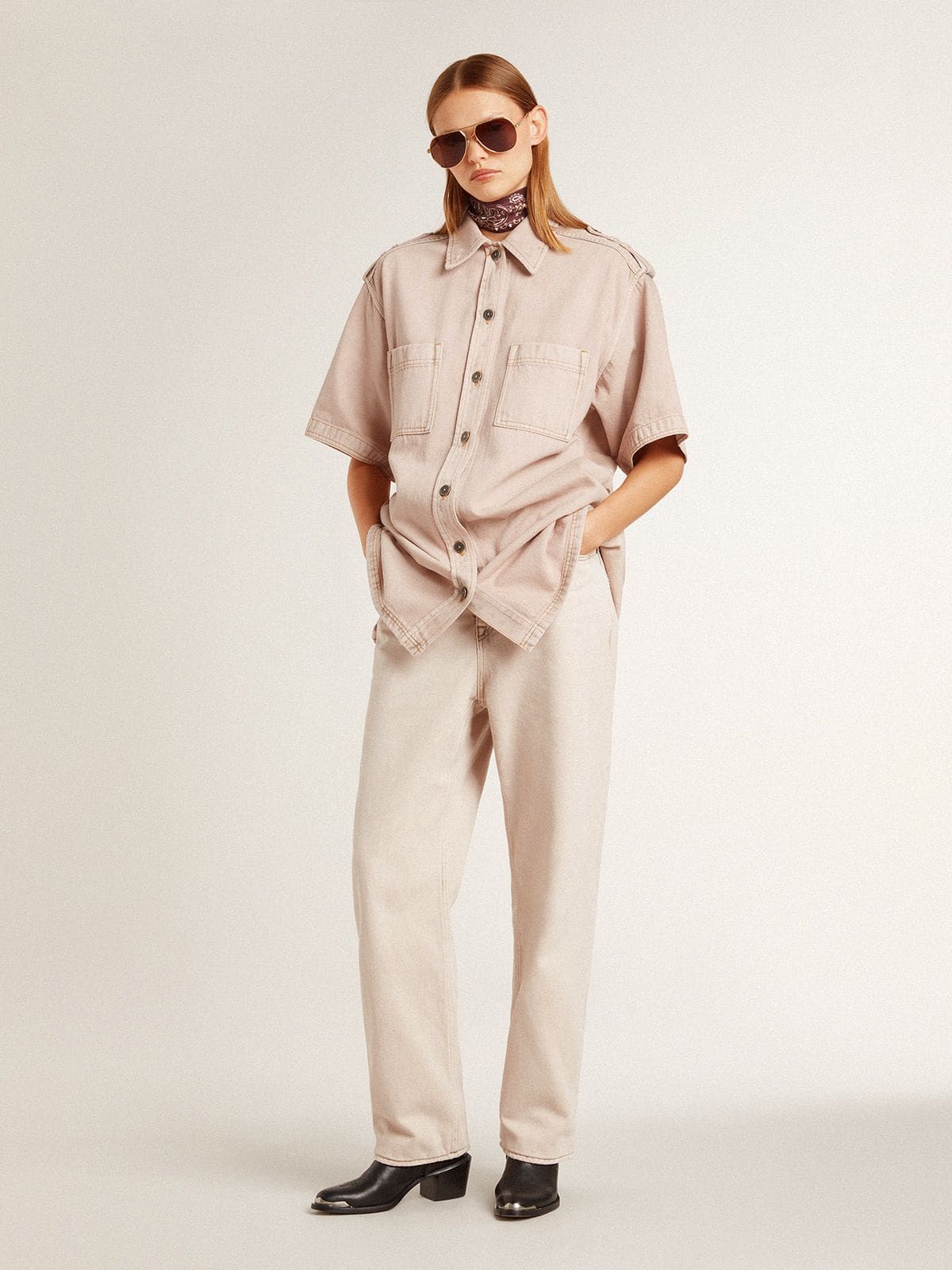 Women's oversized fit pink dyed denim shirt