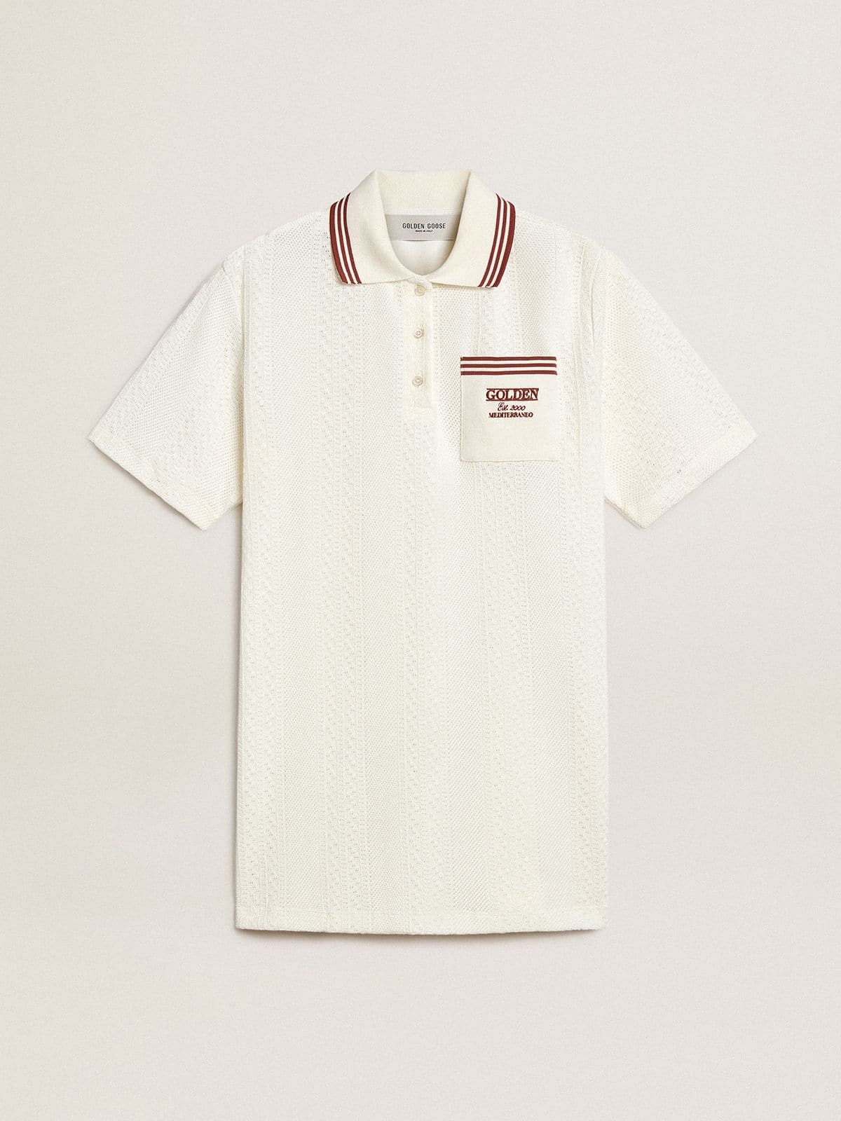 Women's Oasis polo dress in white perforated jersey with burgundy stripes