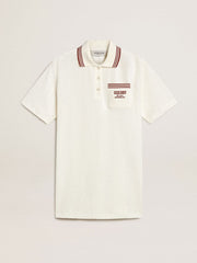 Women's Oasis polo dress in white perforated jersey with burgundy stripes