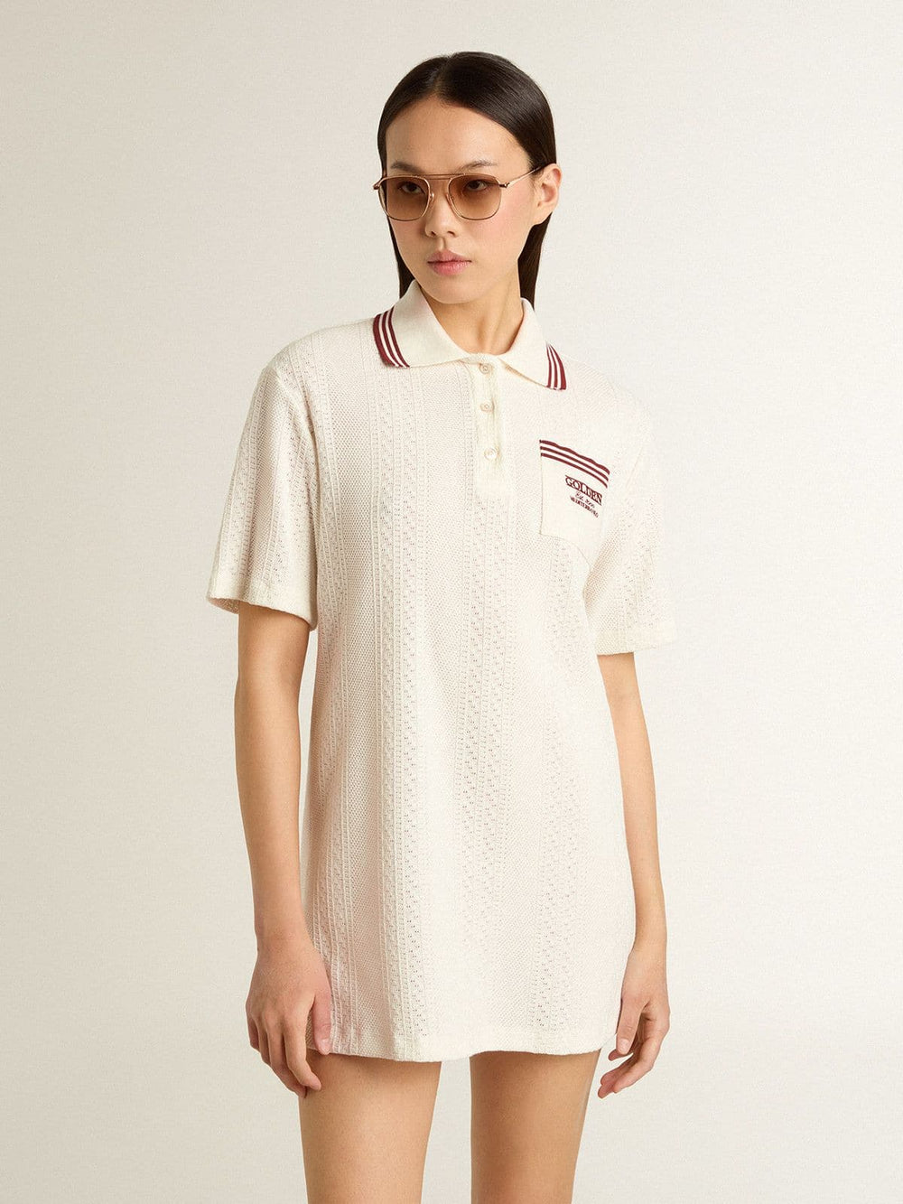 Women's Oasis polo dress in white perforated jersey with burgundy stripes