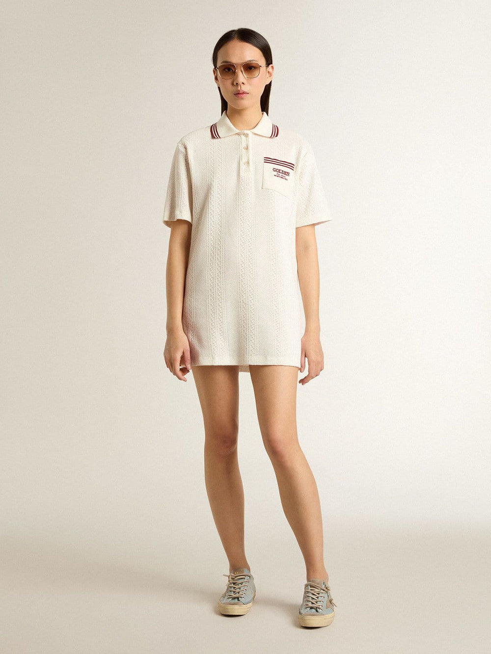 Women's Oasis polo dress in white perforated jersey with burgundy stripes