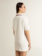 Women's Oasis polo dress in white perforated jersey with burgundy stripes