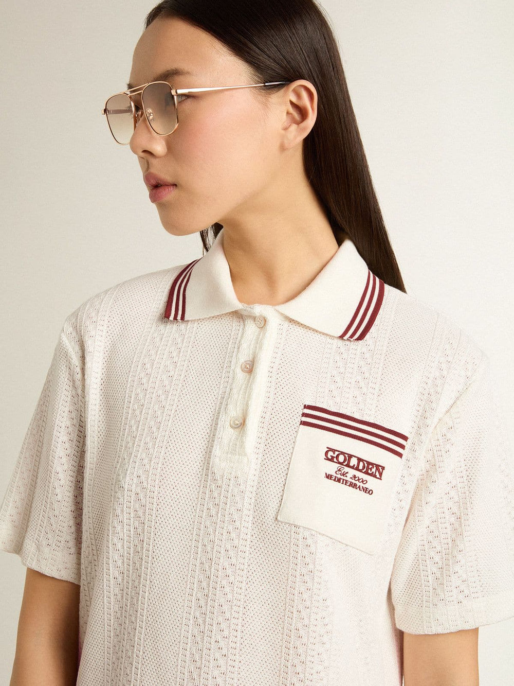 Women's Oasis polo dress in white perforated jersey with burgundy stripes